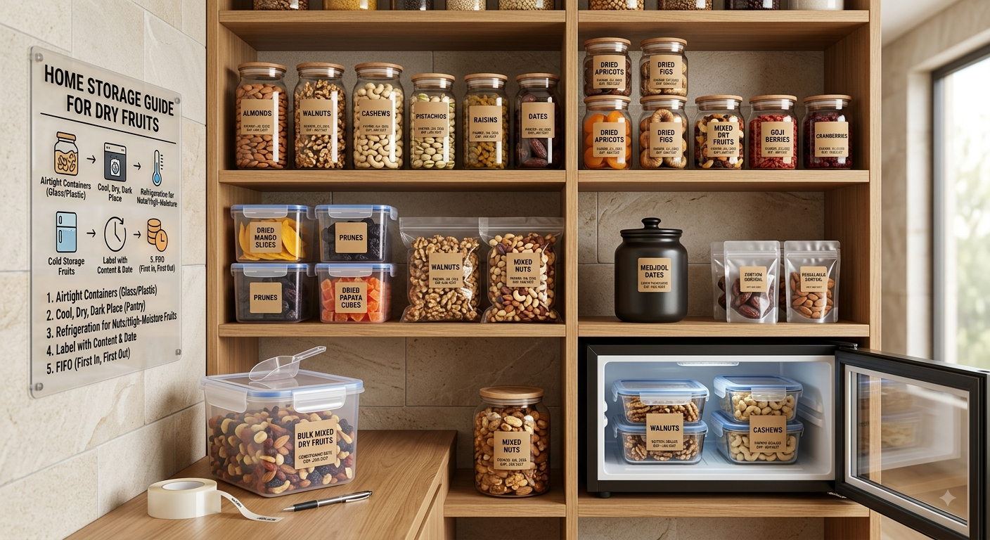 Different dry fruits arranged for proper home storage