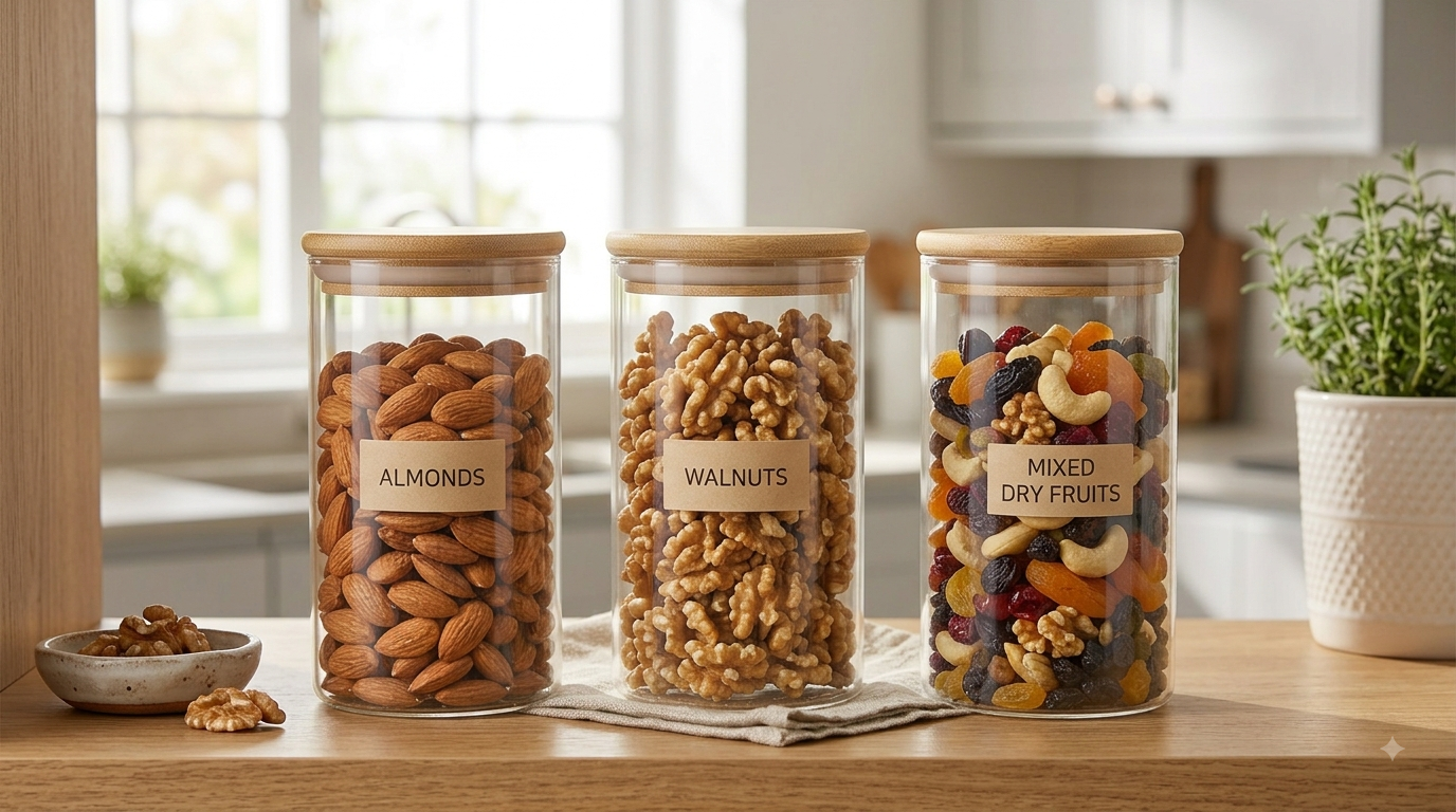 Airtight glass jars filled with almonds, walnuts and mixed dry fruits